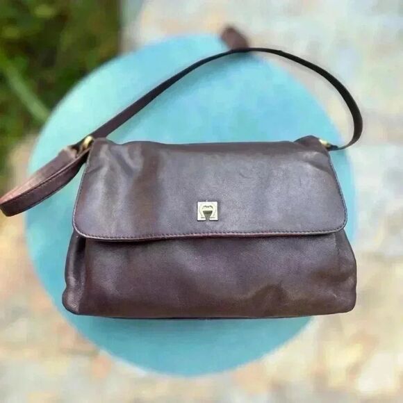 Vintage 80s 90s ETIENNE AIGNER Medium Leather Shoulder Bag Handbag Multi Section - Picture 1 of 6